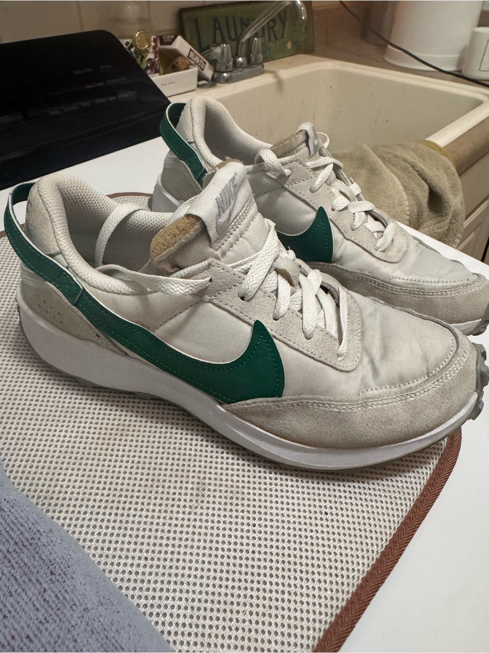 Nike Women’s Green Swoosh Retro-Style White Sneakers